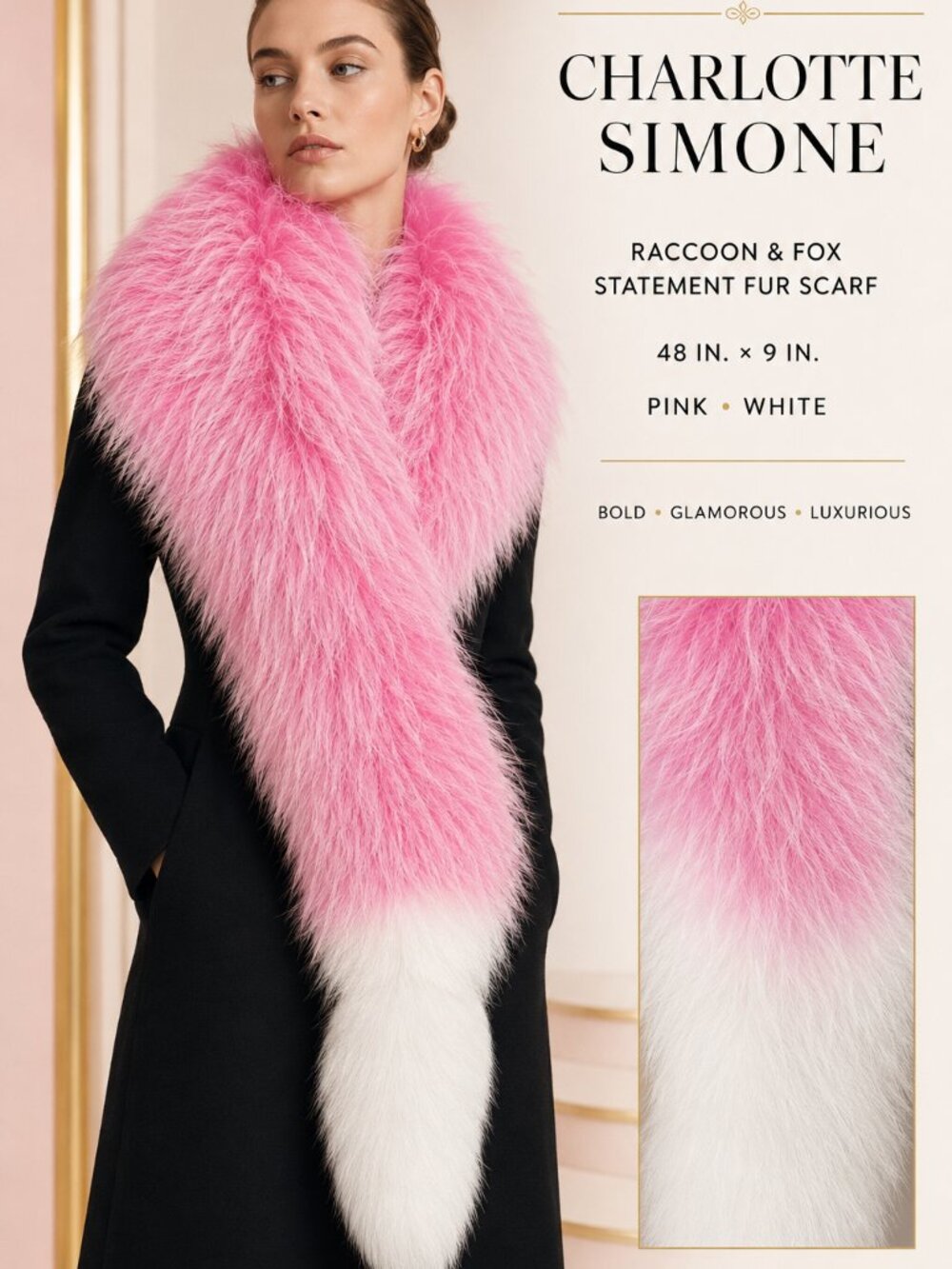 Charlotte Simone Popsicle Raccoon Fox Fur Scarf Pink White 48x9 Luxury Stole
